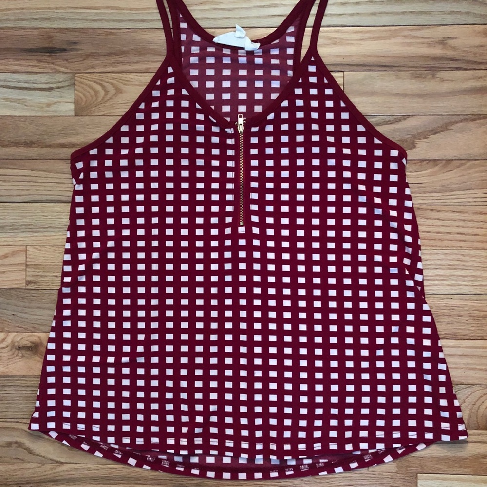 Red checkered zip front tank top